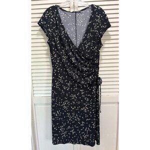 Jones Wear Dress Black/Tan Geo Wrap Front Tie Gathered Dress Size 12‎ Cap Sleeve